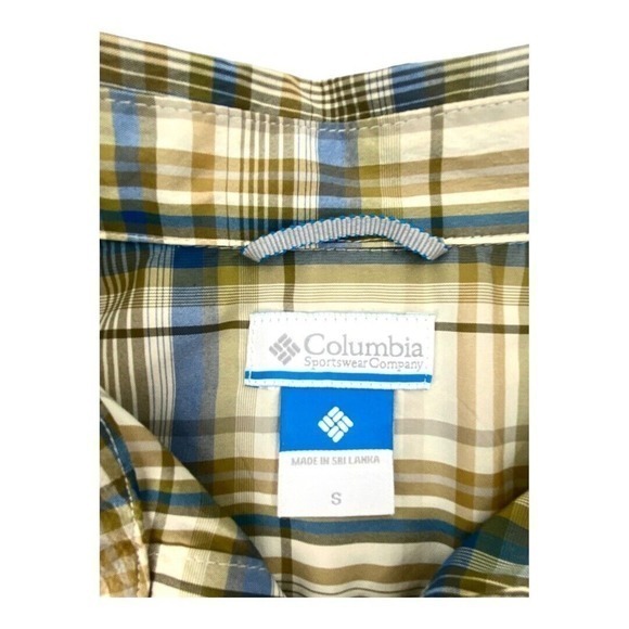 Columbia Blue and‎ Tan Plaid Long Sleeve Shirt Polyester Nylon Blend Mens S - Picture 7 of 10